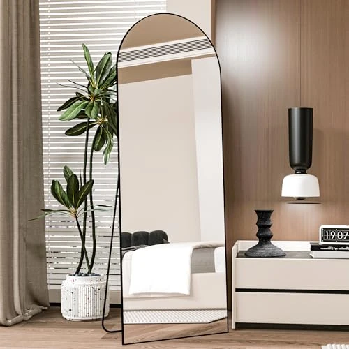 CASSILANDO Miroir de Sol arqué 162 x 53 cm, Cadre en Alliage d'aluminium, Miroir sur Pied, Miroir Pleine Longueur avec Support, Grand Miroir Mural dans la Chambre à Coucher, Le Dressing (Noir)