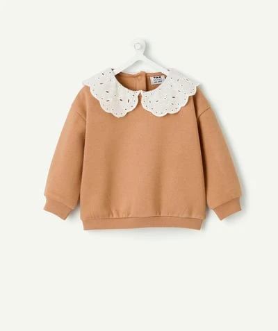 Sweat bébé fille camel à col brodé