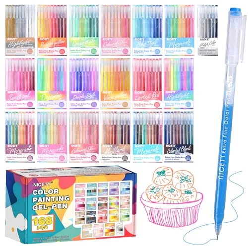 NICETY Stylo Gel Couleur – Set de 168 Gel Pens avec Pointe Fine 0,5mm &amp; 162 couleurs (159 + 3 blanc / 3 argent / 3 or)– Feutres Gel pour Coloriage Adulte, Dessin, Journal – Enfants &amp; Adultes