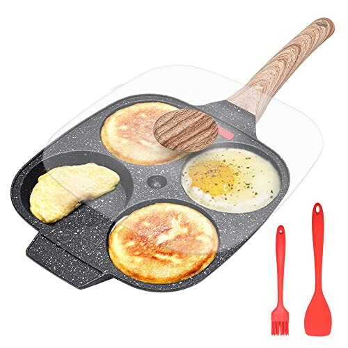 Bobikuke Poêle à 4 Emplacements, Poêle à Pancakes avec Couvercle Poêle à Omelette Antiadhésive en Aluminium pour Petit-déjeuner Oeuf Au Plat, pour Tous Feux Dont Induction
