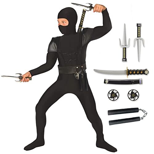 Morph Costume Déguisement Ninja Enfant, Costume Carnaval Enfant Garçon Noir Taille M