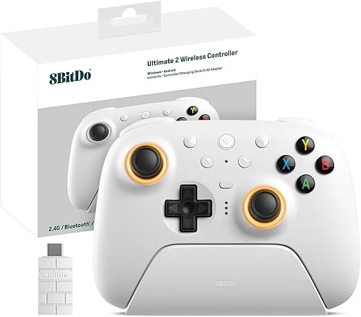 8Bitdo Ultimate 2 Manette Sans Fil 2.4G pour PC Android, Mise Jour TMR Joystick, Déclencheurs Tactiles/Effet Hall Commutables, Anneau Feu RVB, Manette Jeu Sans Fil 8Speed Avec Station Charge, Blanc