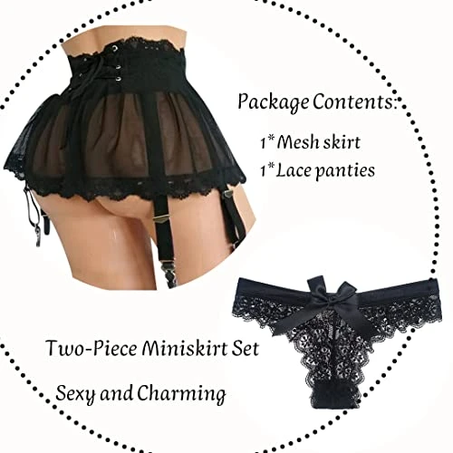ROSVAJFY Femme Mini Jupe Porte-Jarretelles Sexy avec Culotte, Porte-jarretelles Lingerie Mini Robe Transparente Malla avec 4 Clips, 2 Pièces Mini Jupe Taille Haute + String Dentelle (Noir)