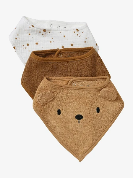 Lot de 3 bavoirs bandanas en éponge et gaze de coton caramel - Vertbaudet
