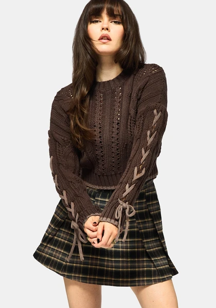 Sycamore Cotton Lace Up Sleeve Cable Knit Crop Jumper - Brown