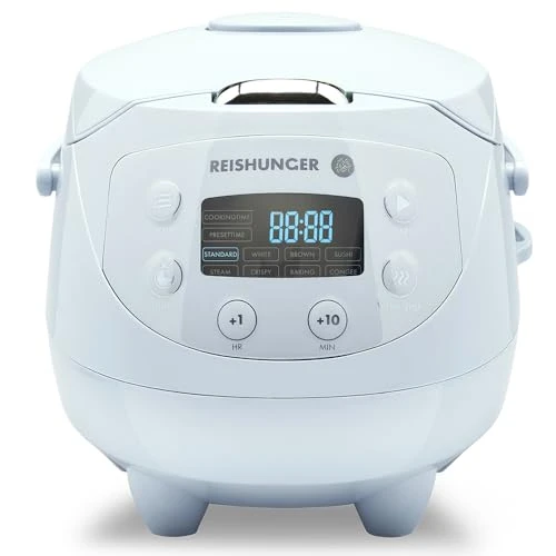 REISHUNGER Mini cuiseur à riz et vapeur japonais bleu clair avec fonction maintien au chaud et bol en céramique, cuillère et verre doseur inclus - 0.6 l pour 1-3 personnes