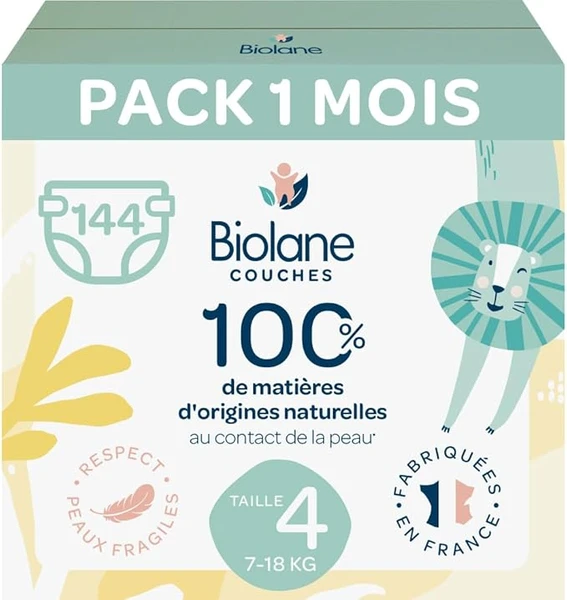 BIOLANE - Couches Taille 4 - (7-18 kg) - Peaux Sensibles - Ultra-Absorbant, Pas de Fuite, 12h au Sec - Pack 1 mois 144 couches - Fabriqué en France