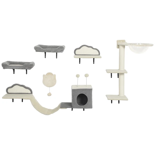 PawHut Étagères murales pour chat ensemble de meubles muraux 6 pièces hamac à bulles en acrylique niche hamac échelle beige