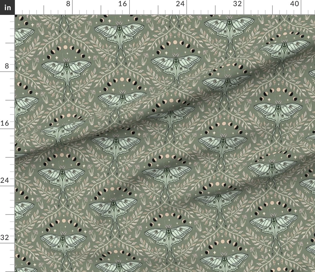 Fabric in Luna Moths Damask with moon phases - sage green - medium