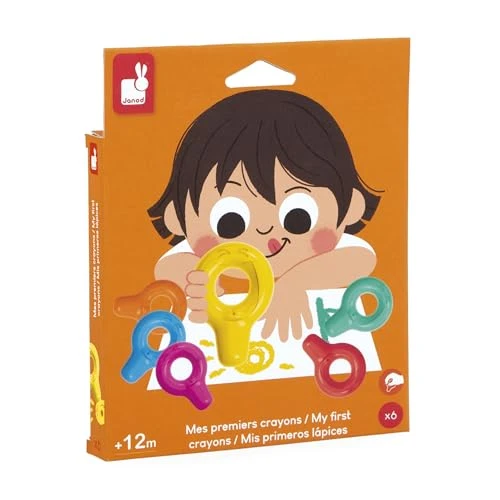 Janod - Mes Premiers Crayons - 6 Crayons de Cire Pour Bébé Dès 12 mois - Adapté Pour les Petites Mains - Idéal Pour Les Premiers Dessins - J07400