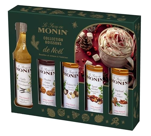 MONIN - Coffret de Noël pour Boissons Chaudes - Noisette Grillée, Pain d'Epices, Chocolat Cookie, Vanille et Noix de Macadamia - 5x5cl