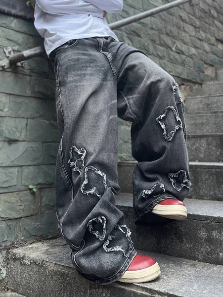 PAVTROS Jeans décontractés pour hommes à taille basse, avec bord brut, motif étoile, coupe ample et jambes larges. Idéal pour les sorties, les rencontres, le collège, les vacances et le style Emo. | Mode en ligne | SHEIN FRANCE