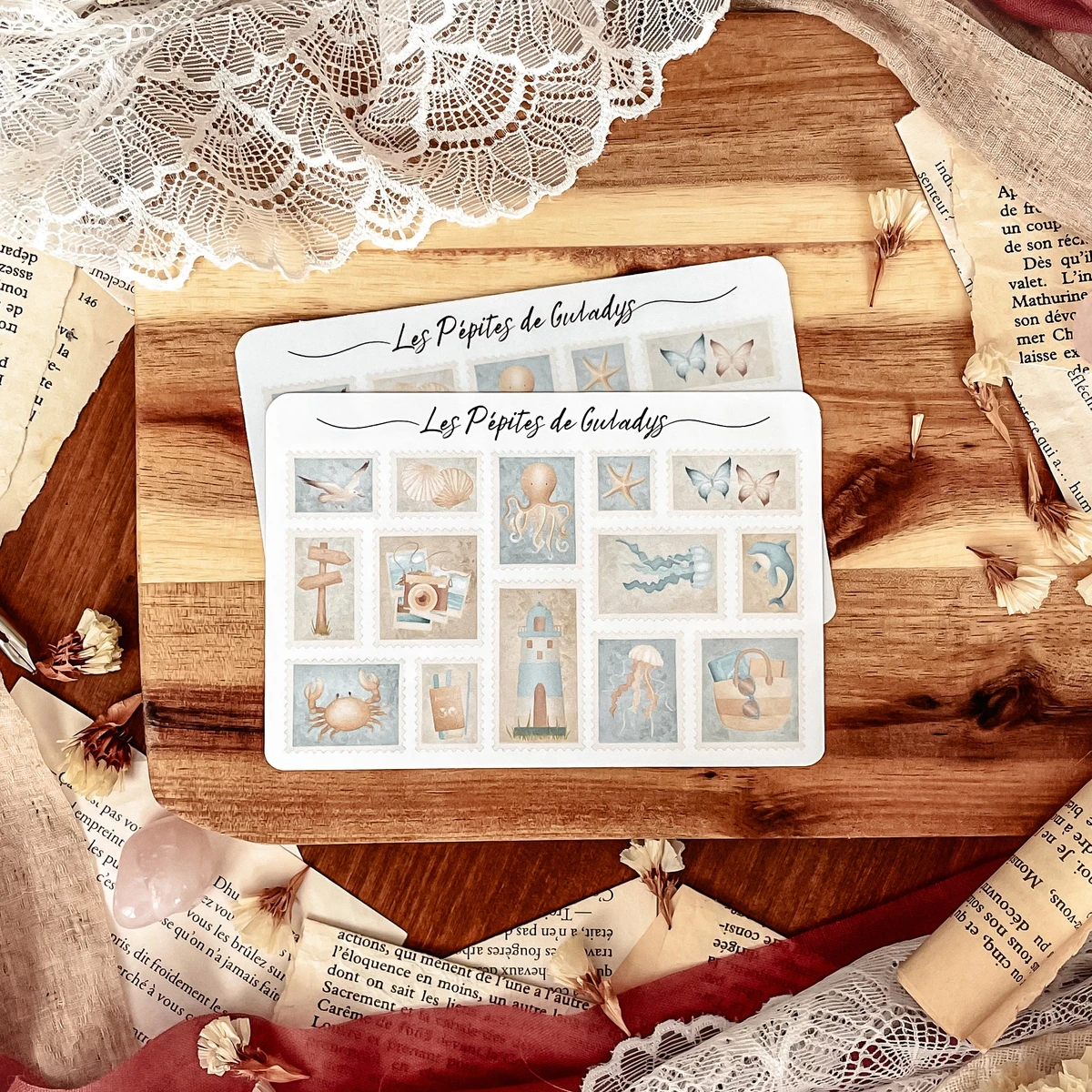 Petite planche de stickers timbres Eté à la plage