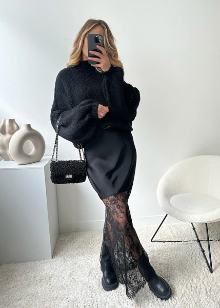 Jupe satinée et dentelle noir SINA