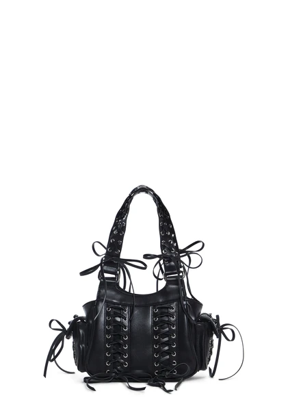 Current Mood Punkquette Girly Corset Lace-Up Vegan Leather Shoulder Bag - Black
