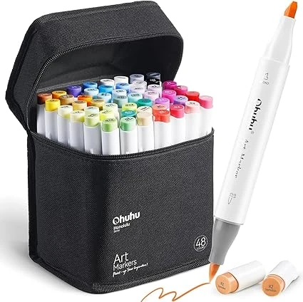 Ohuhu Feutre a Alcool 48 Colorés D'art, Pointe Double Feutres à Alcool Marqueurs Pinceau et Ciseau Burin Pour Artiste Etudiants, Feutres Coloriage Adulte Pour Croquis Coloriage Calligraphie