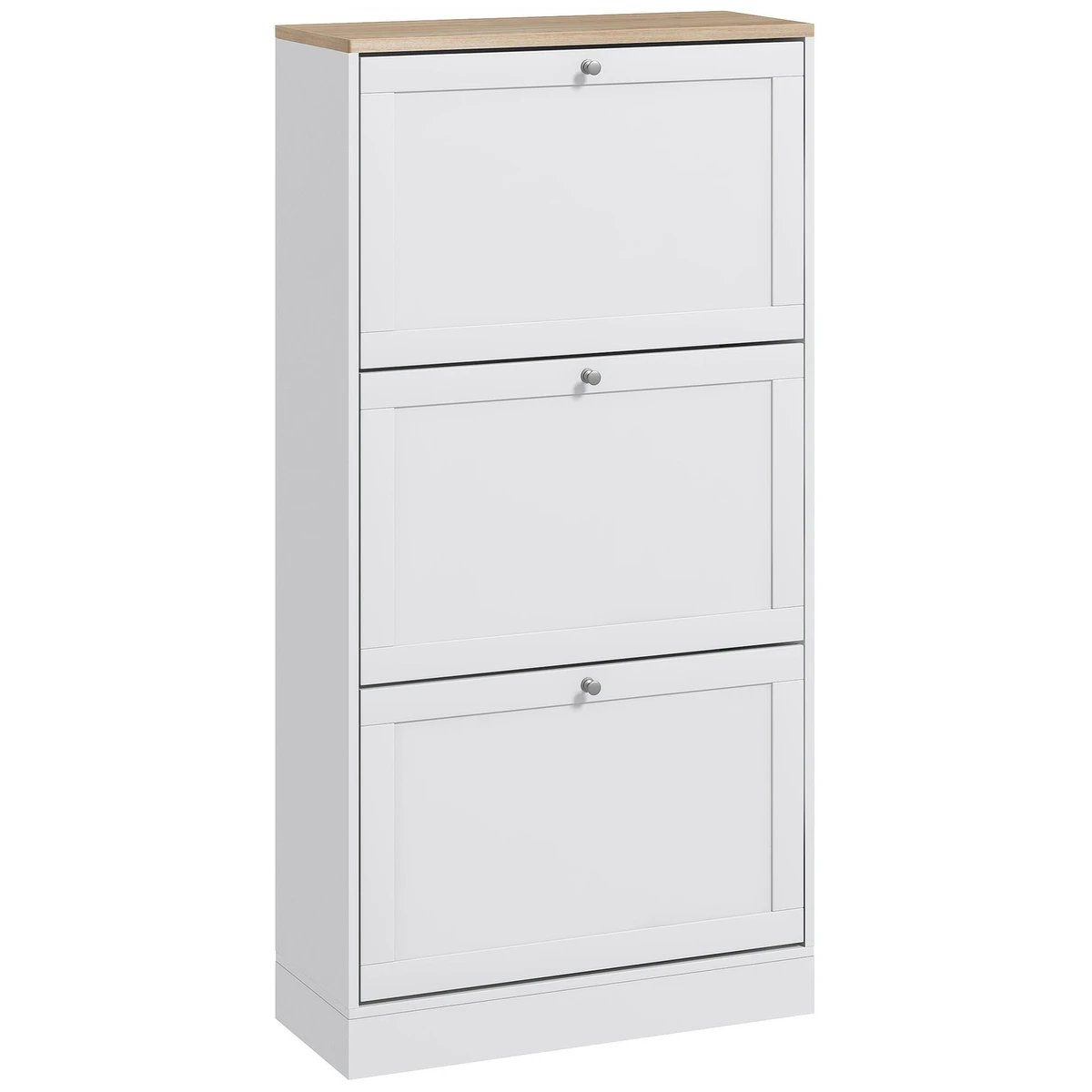 Armoire à chaussures 3 portes abattantes 2 compartiments blanc aspect chêne clair