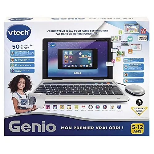 VTech - Genio, Mon Premier Vrai Ordi Gris Métal, Ordinateur Enfant avec Écran Couleur 5 Pouces, Souris, 50 Activités et Jeux Éducatifs, Cadeau Enfant de 5 Ans à 12 Ans - Contenu en Français