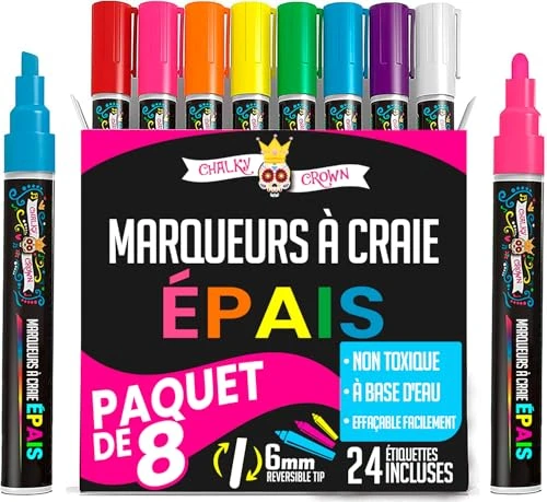 Chalky Crown - Stylo Craie, Craie pour Tableau Noir, Feutre Craie - Marqueurs à Craie Couleurs Vives (Lot de 8) - Effaçables à Sec - Pour Tableaux, Enseignes, Fenêtres, Verre - 6 mm Multicolore
