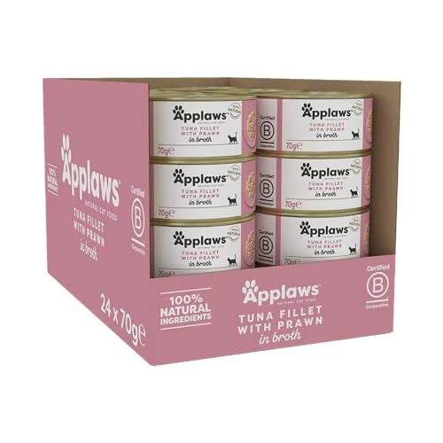 Applaws - Natural - Nourriture humide pour chat adulte - Filet de thon et crevettes au bouillon - 24 barquettes de 70 g