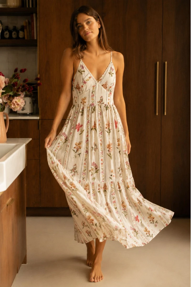 Robe Longue À Imprimé Floral - Beige - Boutique Libertie
