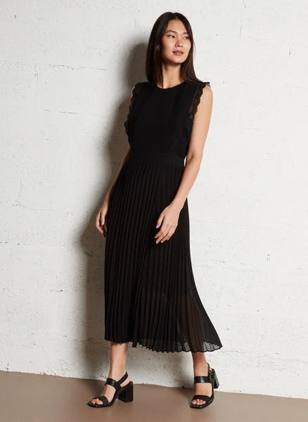 ROBE MIDI PLISSéE SANS MANCHES NOIR IKKS - FEMME | Place des Tendances