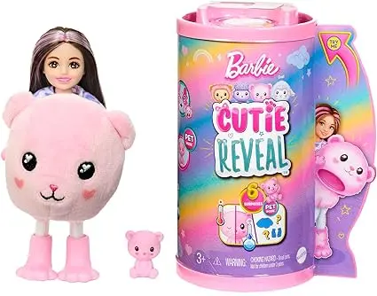 Barbie Coffret Poupée Mannequin Chelsea Cutie Reveal Série T-Shirt Confort Incluant 6 Surprises avec Changement De Couleur, Costume Ourson en Peluche, Jouet Enfant, A Partir De 3 Ans, HKR19
