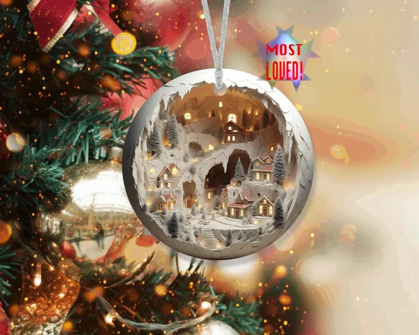Ornement effet 3D, Décoration d'arbre de Noël, Ornement en céramique, Ornement tendance, Pendaison de crémaillère, Village de Noël enneigé, Ornement effet superposé