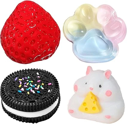 4Pcs Taba Squishy Set, Fraise + Hamster + Chat Paw + Hamster + Oreo, Fufu Squishy Squishe Toy Squishes Kit pour Le soulagement du Stress Sensory Play Fidget Cadeaux