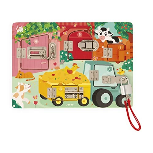 Janod - Planche À Cadenas La Ferme - Planche d'Activité - 5 Types D'Ouvertures - Jouet en Bois FSC - Dès 3 Ans, J07119