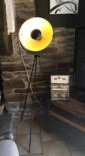 Lampadaire trépied vintage - style projecteur de cinéma,Noir doré abat-jour et Ø 34 cm,Max. 60W, 146 cm Lampe sur pied métal pour salon,chambre à coucher