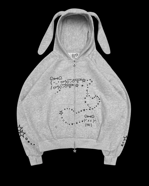 MALFUNCTION BUNNY ZIP HOODIE GREY MARL (DETACHABLE EARS)