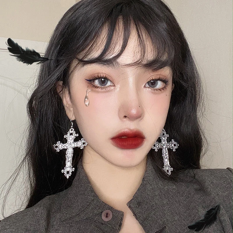 Boucles d'oreilles croix vintage pour femmes, style gothique baroque, boucle d'oreille grunge, grand cerceau, accessoires de bijoux, Y2K