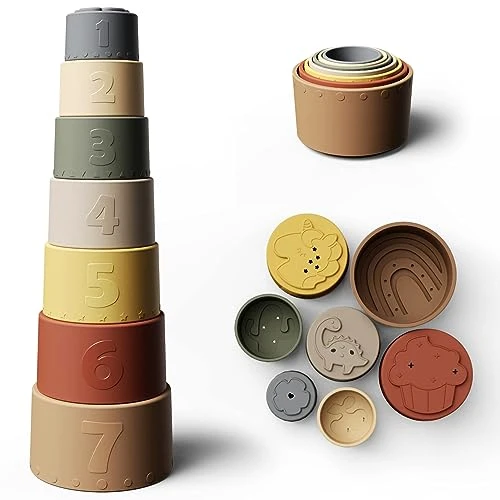 Moonkie Gobelet empilable en Silicone pour bébé - Jouet éducatif Amusant - Jouet Doux et Dentaire (Retro)