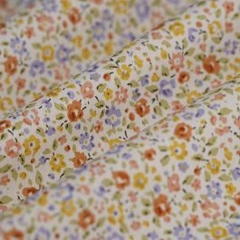 Tissu popeline coton fleurs aplat rouge bleu