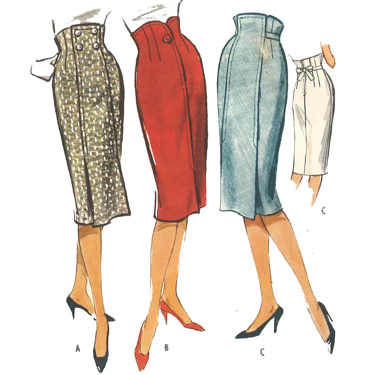 Modèle des années 1950, motif de couture des années 1950, Wiggle, Slim, Crayon, Taille haute, Jupe Hollywood - Taille 26 - 36,5 » (66 - 115,5 cm)