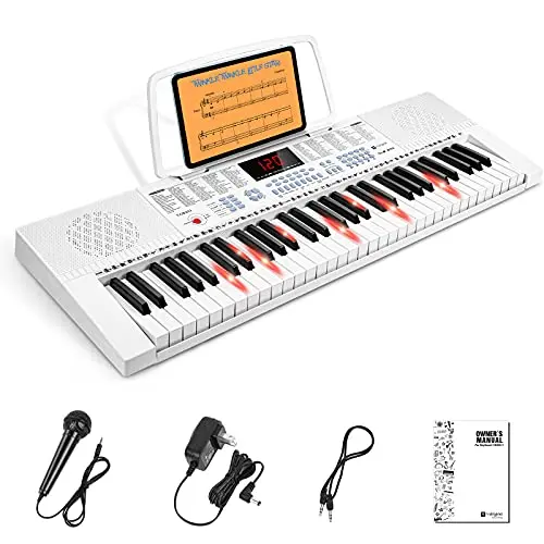 Vangoa Clavier de Piano 61 Lumineuses Mini touches Clavier électronique Piano avec microphone, 3 modes d'enseignement, 350 sons, 350 rythmes, 30 démos, Blanc
