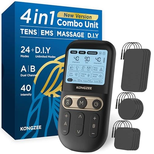 4 en 1 Unité DIY &amp; Tens &amp; EMS &amp; Massage Stimulateur musculaire, Machine de thérapie à TENS pour soulager la douleur, Masseur d'impulsions électronique autorisé par la FDA, avec 12 électrodes (Noir)
