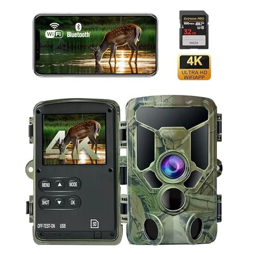 HAZA 4K Caméra de Chasse WiFi,Camera Chasse connectée Telephone,Détection de Mouvement,Vision Nocturne carte et 32 Go,Piege Photographique,Grand Angle120 °,Déclenchement 0,1s,Étanchéité IP 66,Minuteur