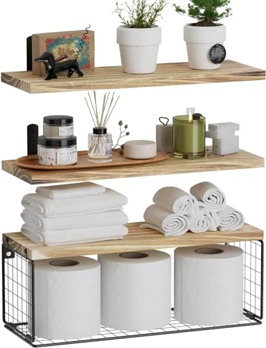 ZVZM Etagere Murale Bois, 3+1 Etagere Salle de Bain, Etagere Murale Cuisine, Étagère Murale, Etagères Murales avec Panier de Rangement en Fil métallique pour Salon/Bureau.
