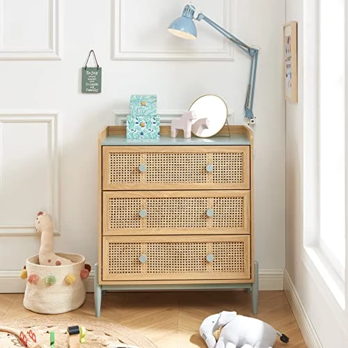 BAÏTA Commode Enfant Pablo Bleu et cannage rotin