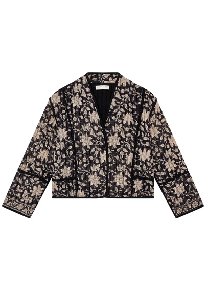 Veste droite col V en coton imprimé | Noir
