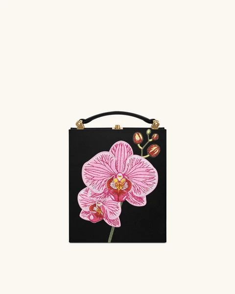 Pochette Taya en forme de livre avec motif d’orchidée – Noir