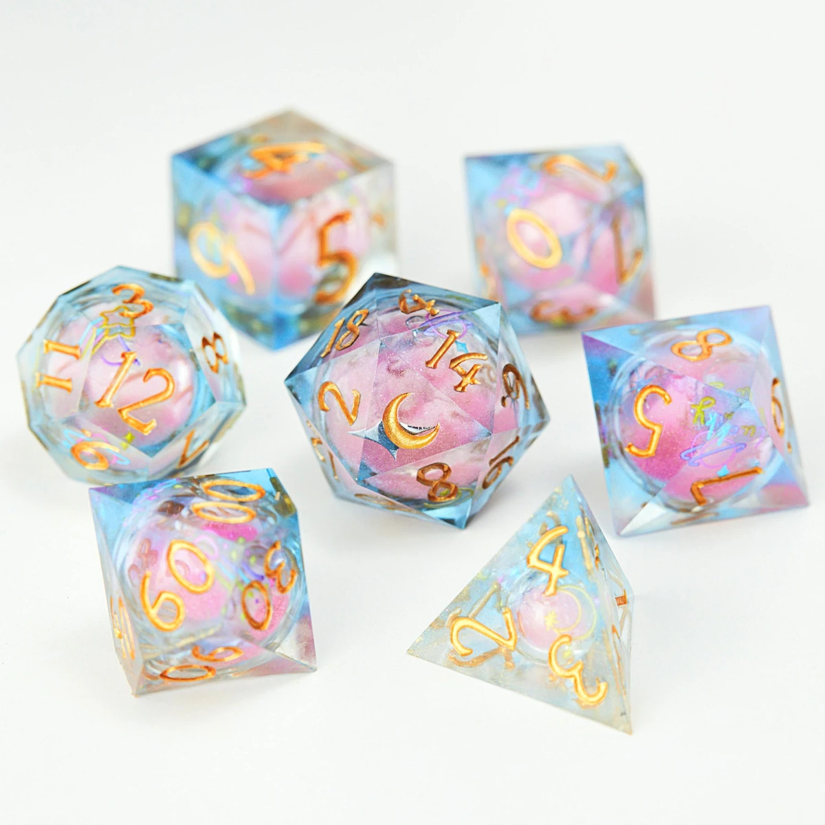 Astrology Pink Liquid Core Resin Moon DnD D&D Dice Set