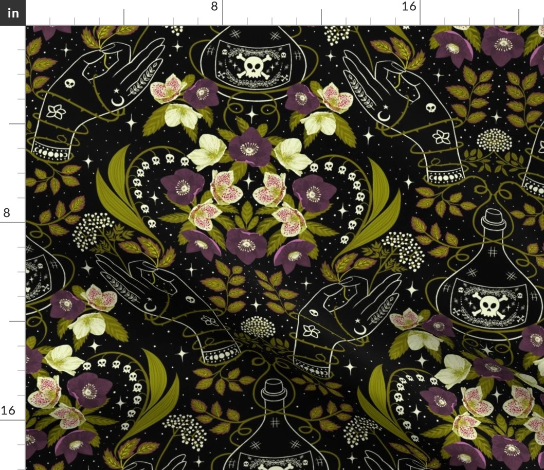(L) Poisonous Hell-ebore Damask Fabric | Spoonflower