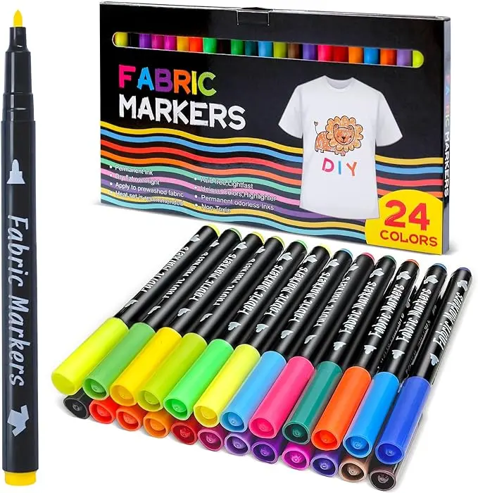 Siumir Marqueur Tissu 24 Couleurs Peinture Textile Permanent Stylos Convenable Tshirts, Tote Bags, Chapeaux, Chaussures