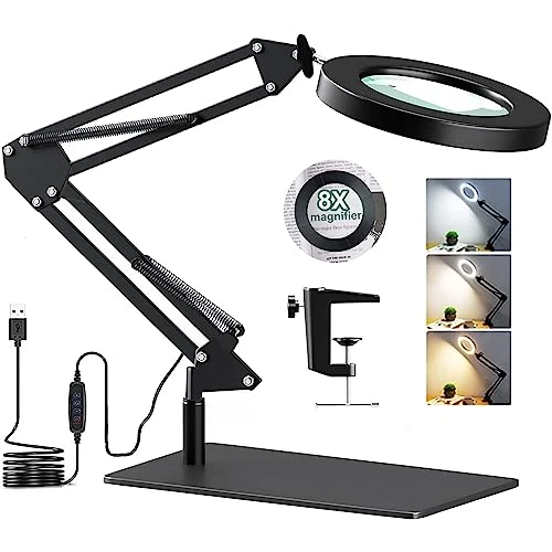 Lampe de Bureau avec Loupe 8X et LED, Lampe Loupe sur Pied 2-en-1 avec Base et Pince, 3 Modes de Couleur,10 Niveaux de Luminosité,Lampe Bras Pivotant Réglable pour Artisanat