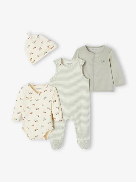 Ensemble naissance body + salopette + bonnet + gilet personnalisable vert d'eau - Vertbaudet