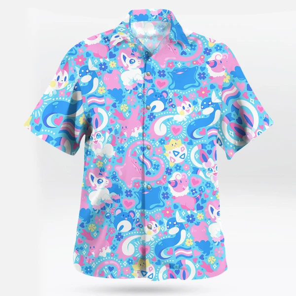 Cute Pokemon Hawaiian Shirt – Pink and Blue Tropical Vibes - Tropi Hawaiian Shirts