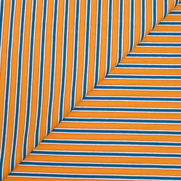 Jersey de coton rayures bleues et orange fond jaune soleil